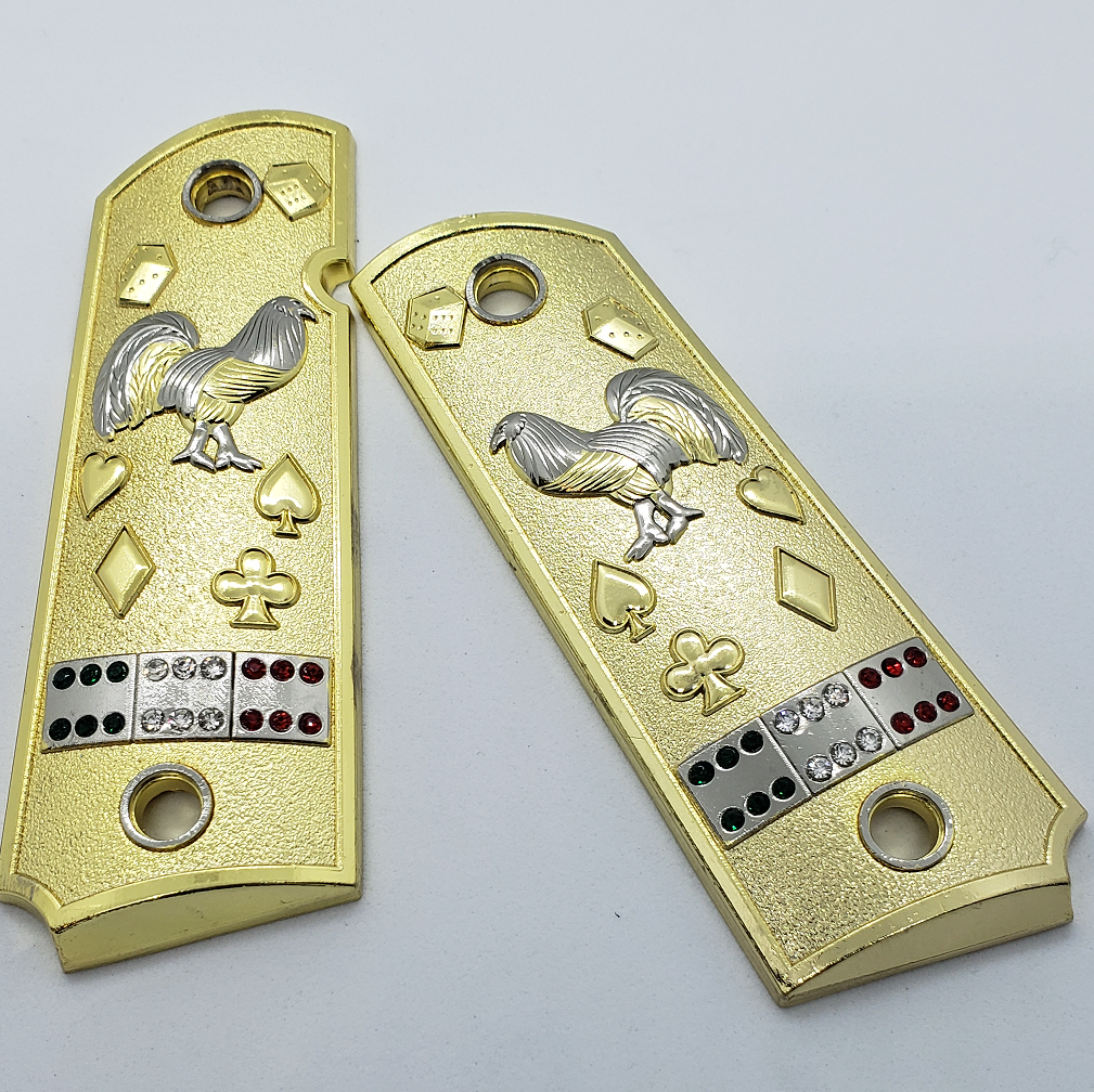 1911 Grips Rooster Mexican Flag With Zirconia stones Gold Plated
