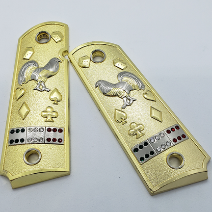 1911 Grips Rooster Mexican Flag With Zirconia stones Gold Plated