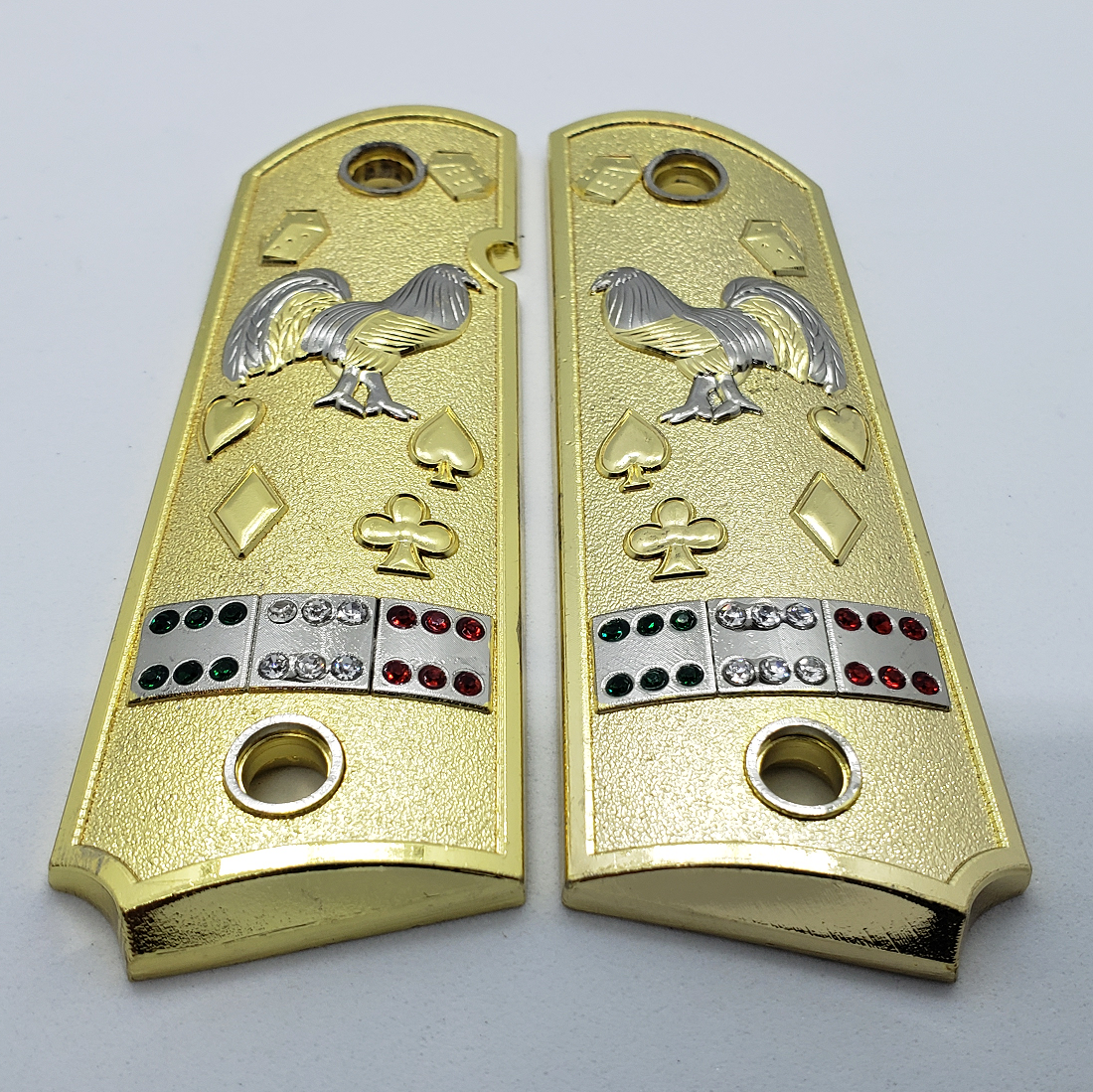1911 Grips Rooster Mexican Flag With Zirconia stones Gold Plated