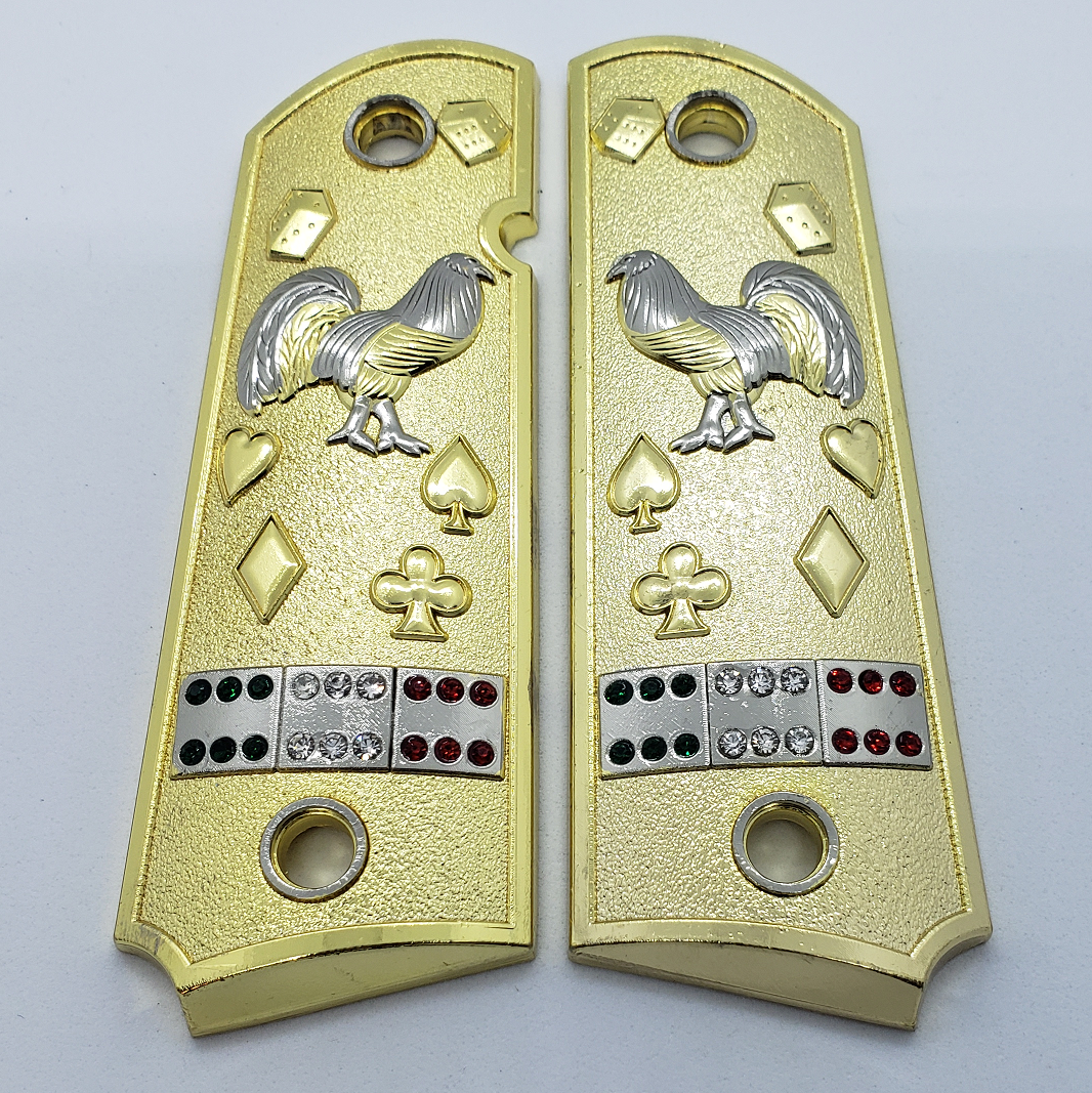 1911 Grips Rooster Mexican Flag With Zirconia stones Gold Plated