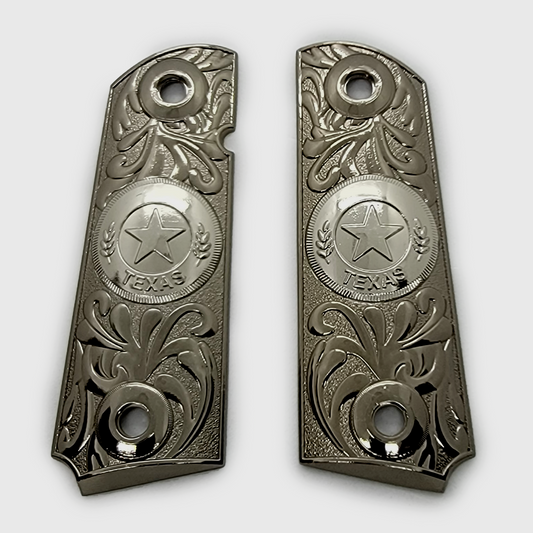 1911 Metal grips Black / Nickel / Gold Texas Star Scrollwork Ambi Safety #T-BN616