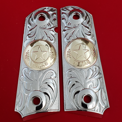 1911 Metal grips gold Texas Star Scrollwork Ambi Safety #T-T616