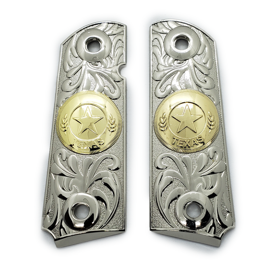 1911 Metal grips gold / Nickel Texas Star Scrollwork Ambi Safety #T-T616