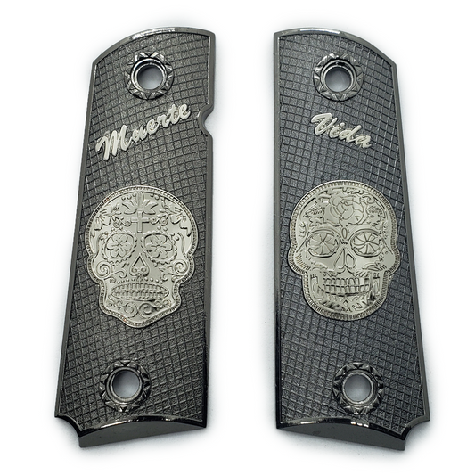 Muerte Vida 1911 Full  Size Metal Grips Checkered With Ambi Cut