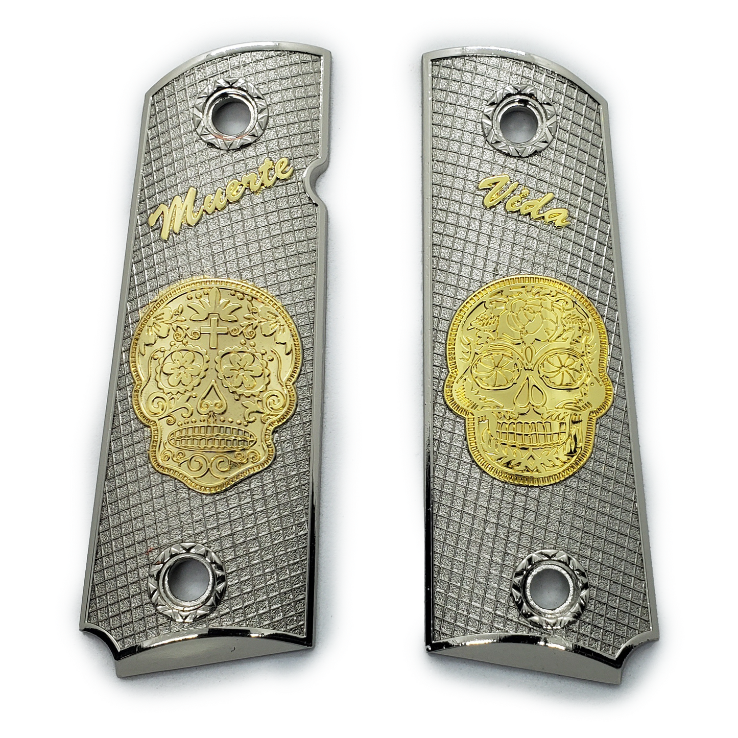 Muerte Vida 1911 Full  Size Metal Grips Checkered With Ambi Cut